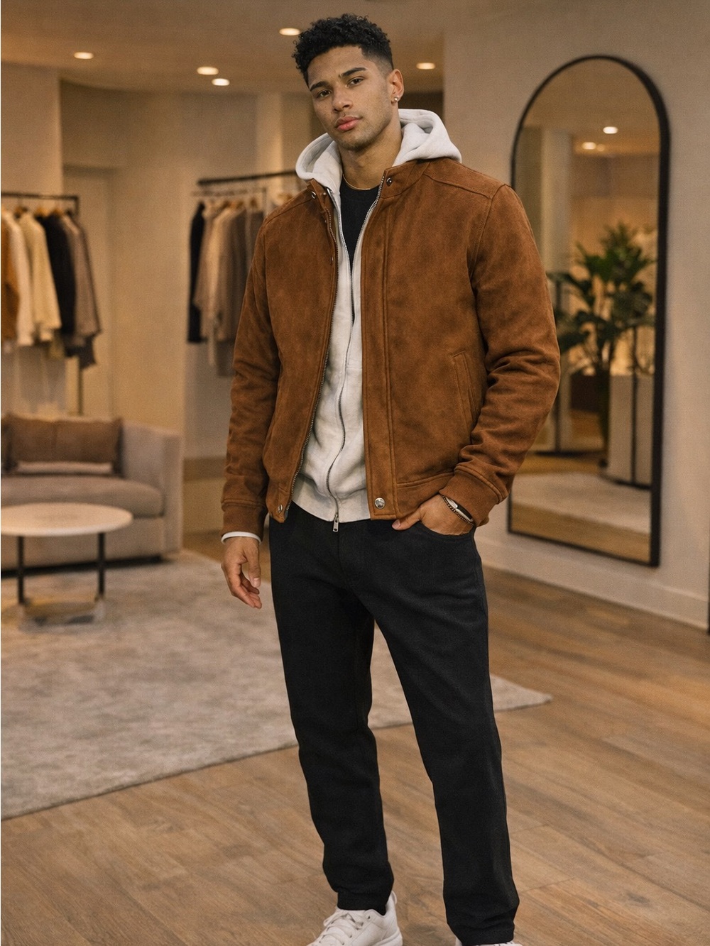 Men's Suede Bomber Jacket in Chestnut Brown